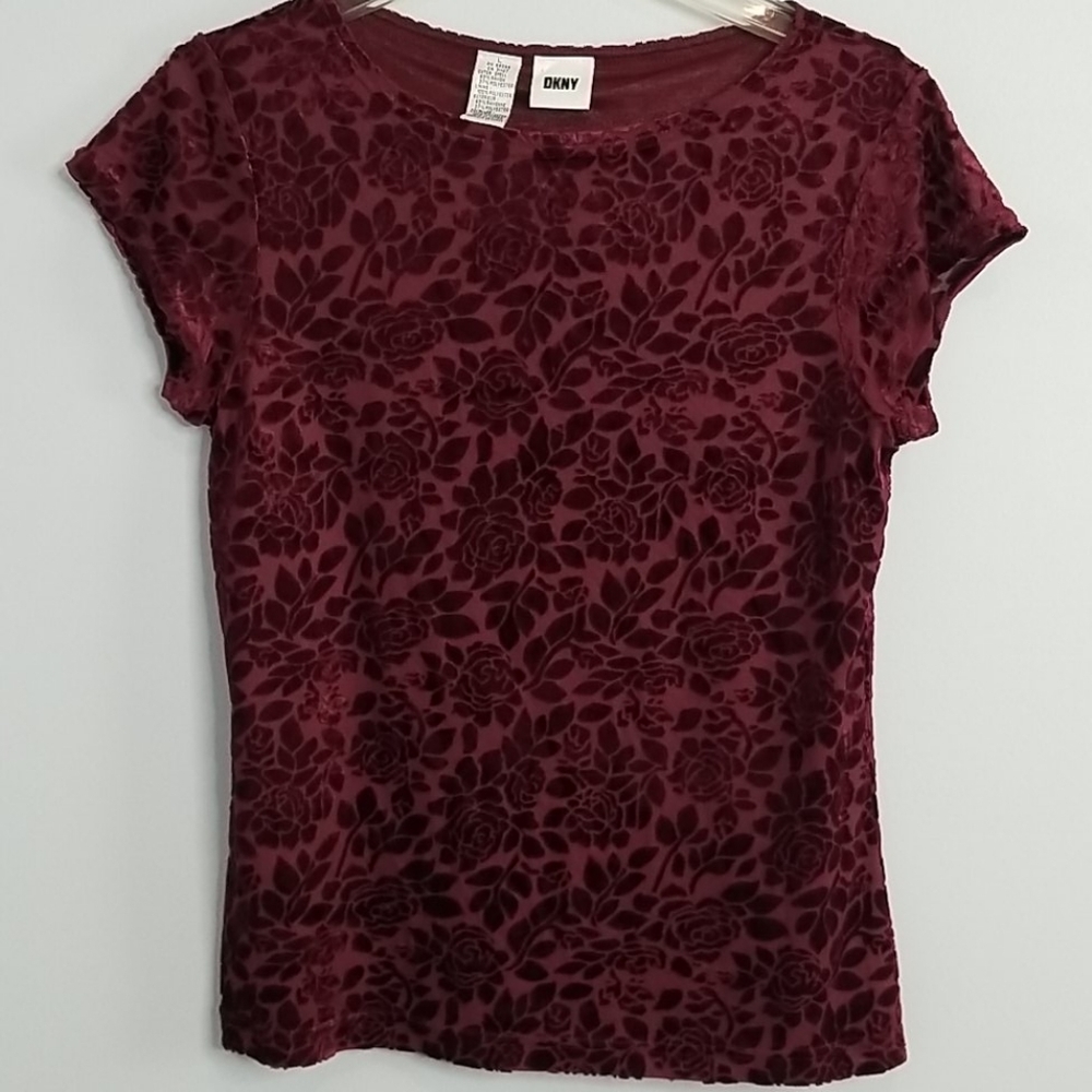 DKNY Burgundy Red Velvet Burnout Embossed Floral Top